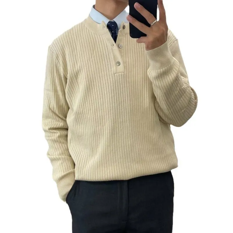 Men's Solid Striped Henley Collar Long Sleeve Knit T-shirt 40534935Z sold by Manly