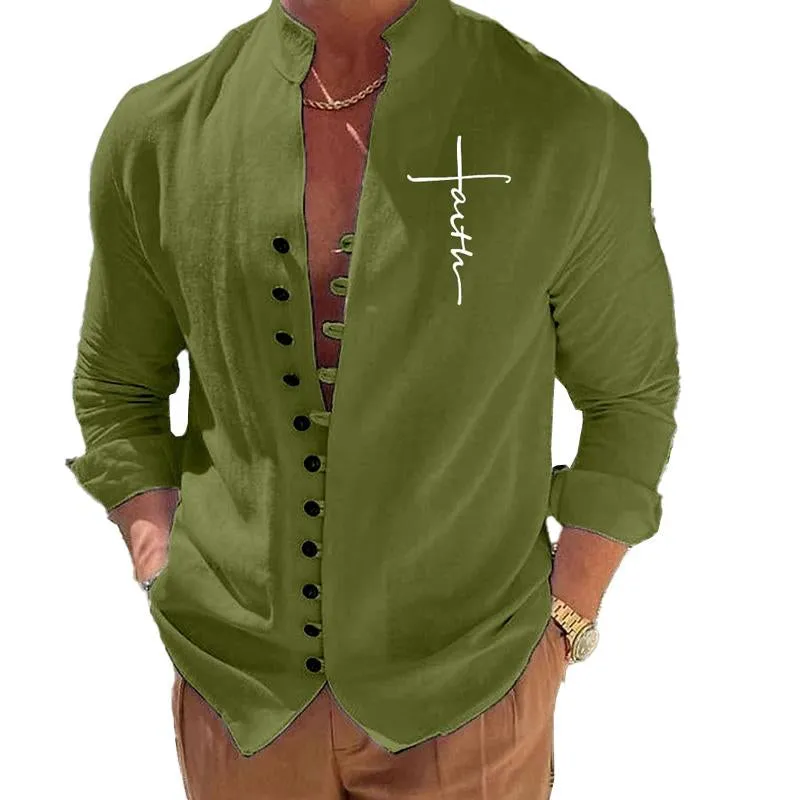 Men's Cotton Linen Long Sleeve Solid Color Stand Collar Casual Shirt 38142326X sold by Manly product image thumbnail 2