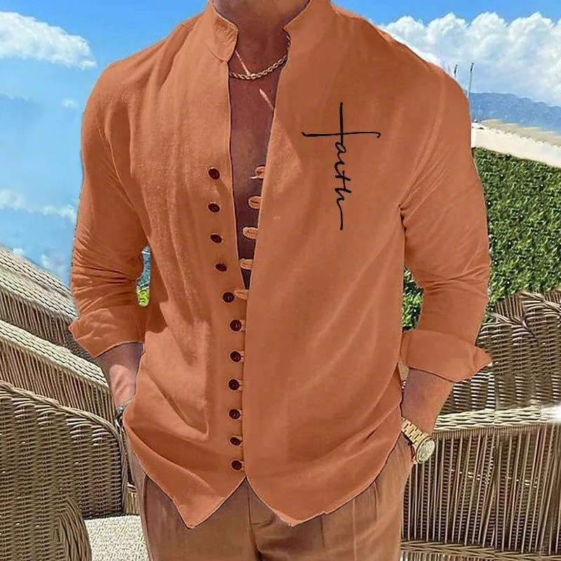 Men's Cotton Linen Long Sleeve Solid Color Stand Collar Casual Shirt 38142326X sold by Manly product image thumbnail 5