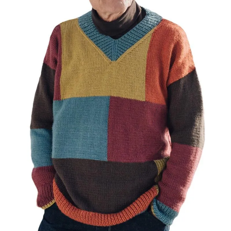 Men's Casual Contrast Color V-Neck Long Sleeve Knitted Pullover Sweater 99384633M sold by Manly