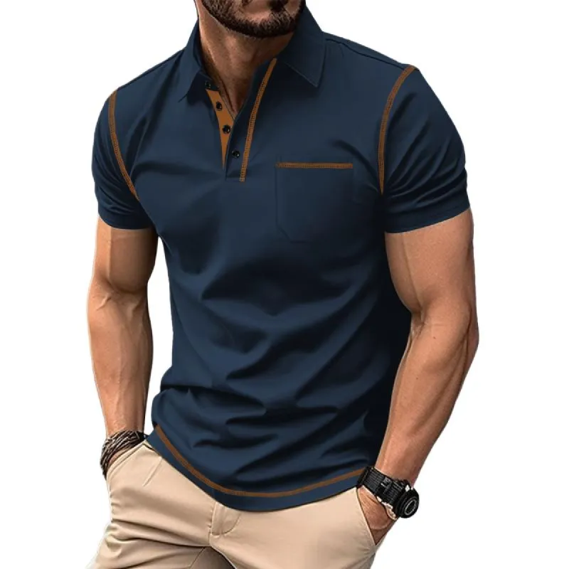 Men's Casual Colorblock Lapel Patch Pocket Short Sleeve Polo Shirt 16408440M sold by Manly