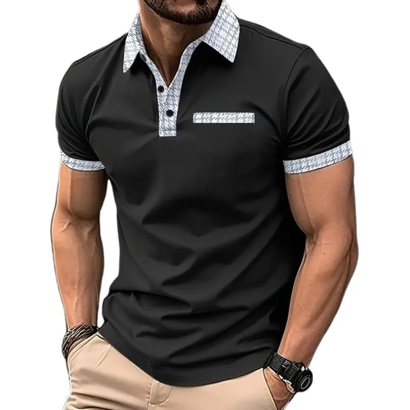 Men's Houndstooth Patchwork Lapel Short Sleeve Casual Polo Shirt 77188905Z sold by Manly