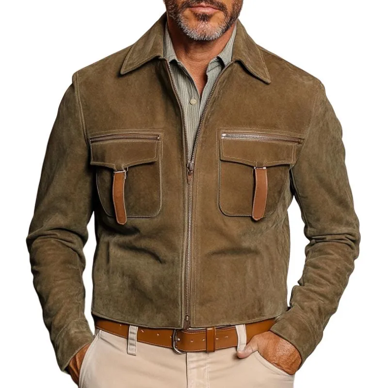 Men's Fashion Suede Lapel Chest Pocket Zip Decor Cargo Jacket 84463268Z sold by Manly