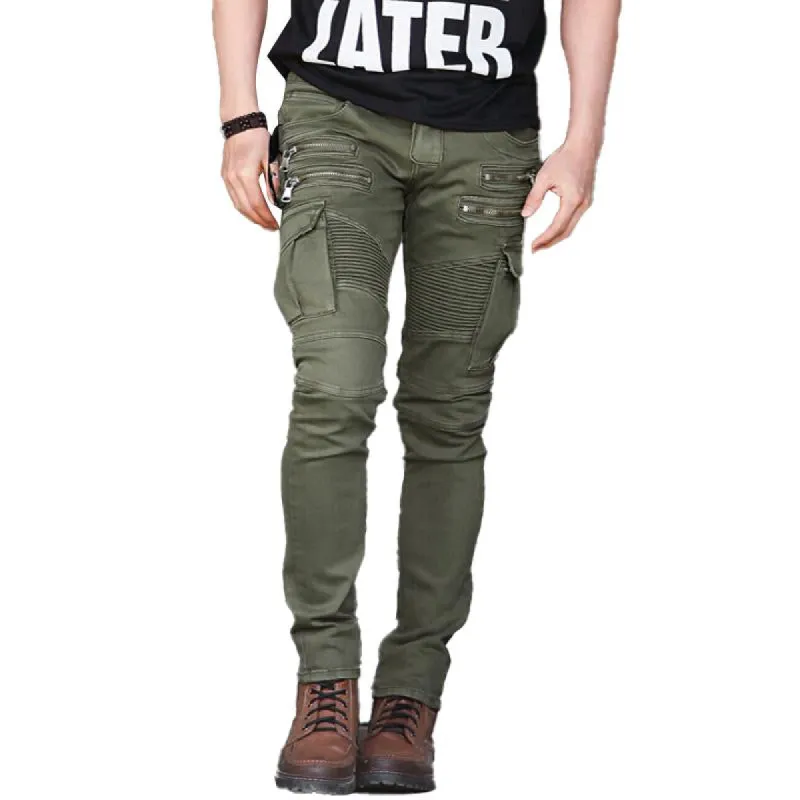 Men's Retro Motorcycle Stretch Pleated Zip Cargo Jeans 63036990Y sold by Manly