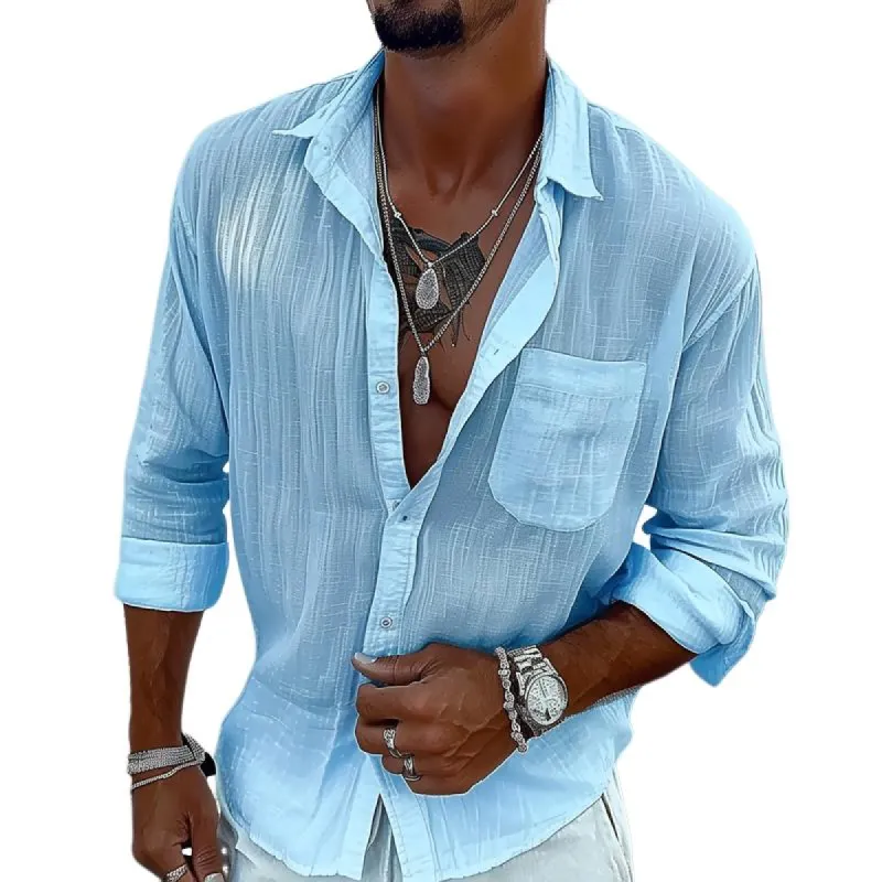 Men's Solid Cotton And Linen Lapel Chest Pocket Long Sleeve Casual Shirt 55855203Z sold by Manly