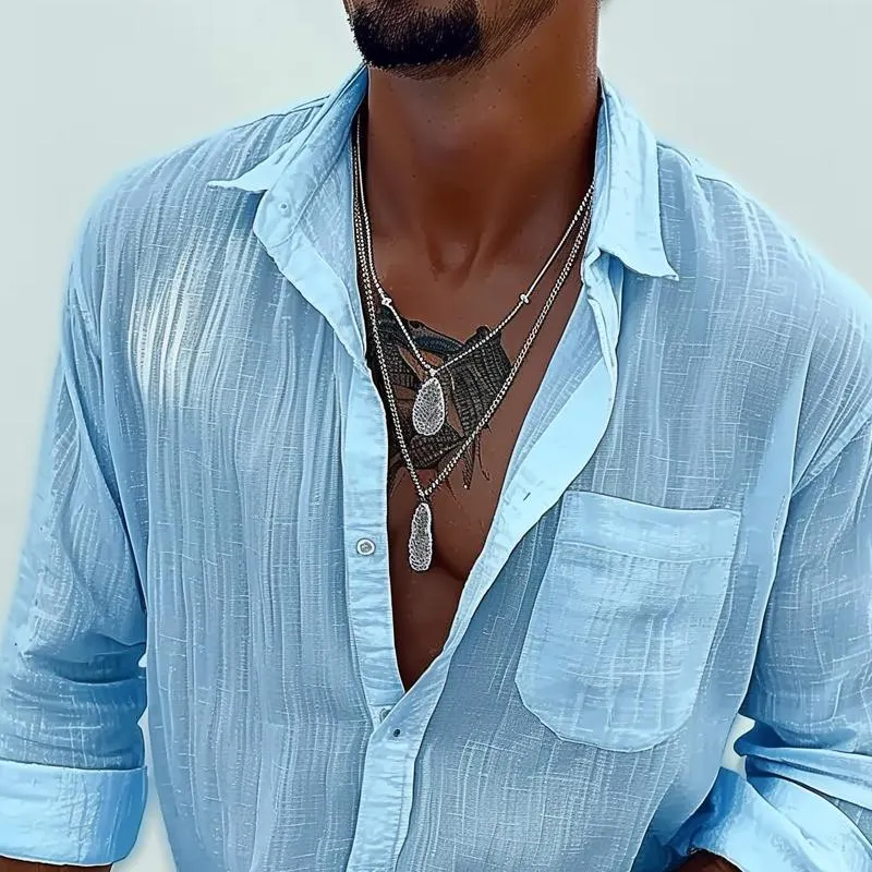 Men's Solid Cotton And Linen Lapel Chest Pocket Long Sleeve Casual Shirt 55855203Z sold by Manly product image thumbnail 3