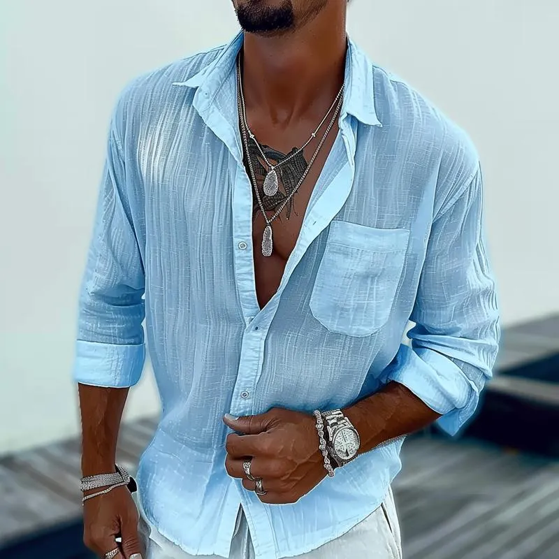 Men's Solid Cotton And Linen Lapel Chest Pocket Long Sleeve Casual Shirt 55855203Z sold by Manly product image thumbnail 2