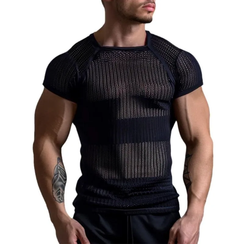 Men's Solid Color Hollow Knitted Slim Fit Short-Sleeved T-Shirt 56770188Y made by Manly