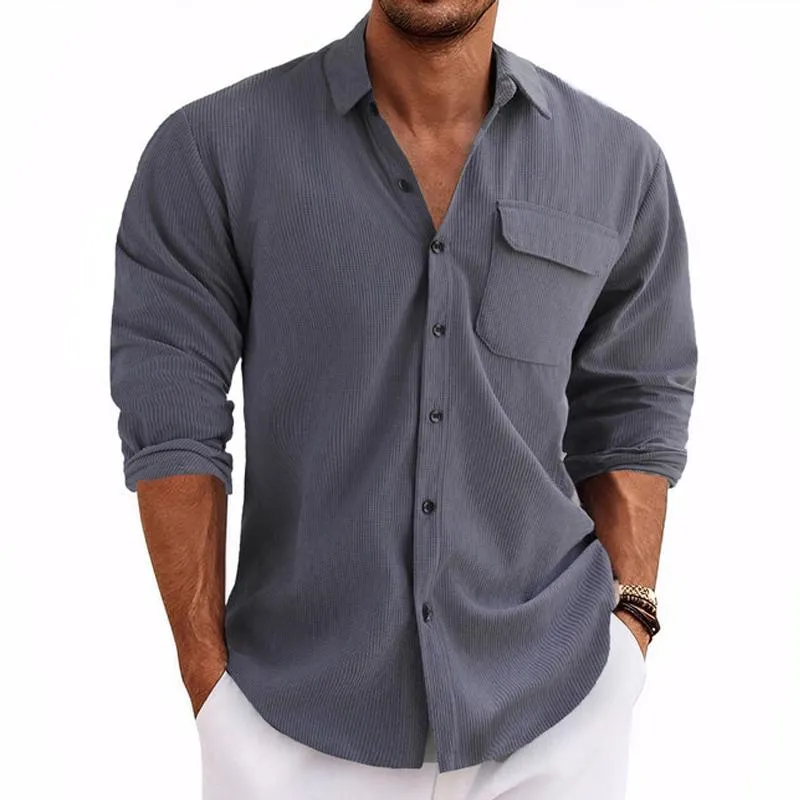 Men's Solid Color Corduroy Lapel Long Sleeve Shirt 40471258Z sold by Manly