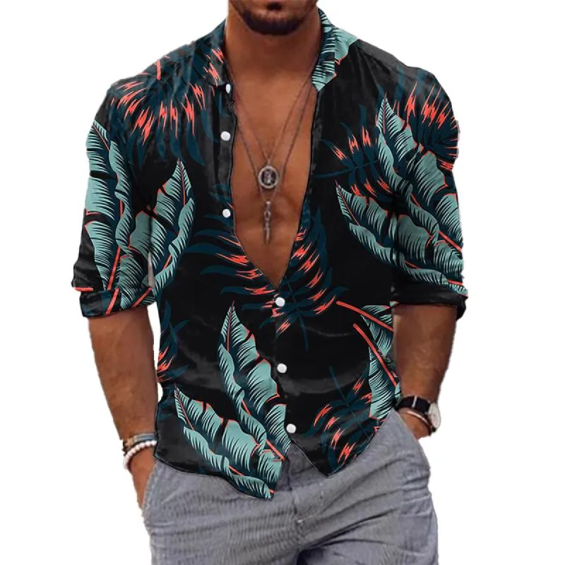 Men's Palm Leaf Print Casual Long Sleeve Lapel Shirt 43983750X sold by Manly