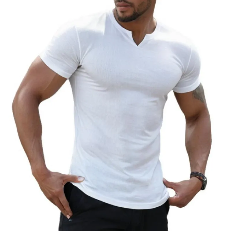 Men's Casual Solid Color V-Neck Stretch Tight Short-Sleeved T-Shirt 08660555M sold by Manly