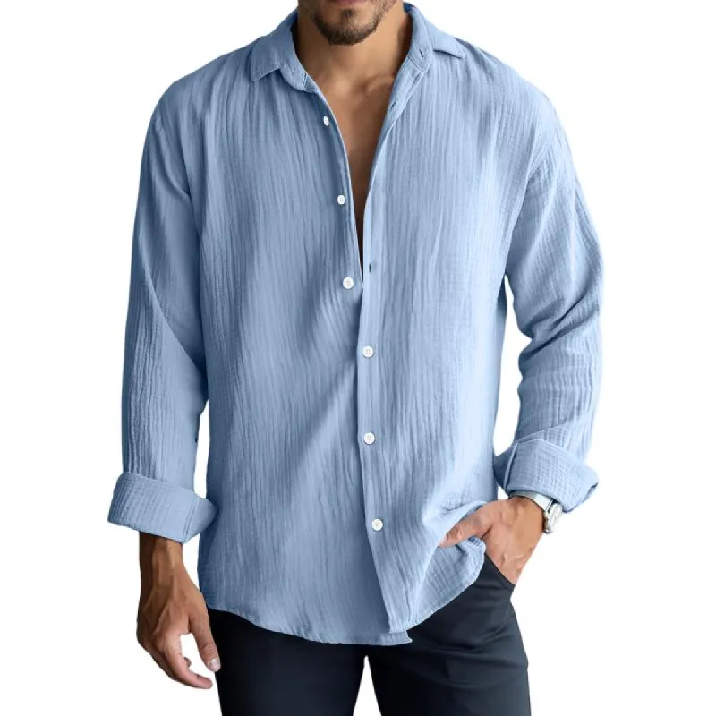 Men's Casual Cotton Linen Pleated Lapel Slim Fit Long Sleeve Shirt 18155456M sold by Manly