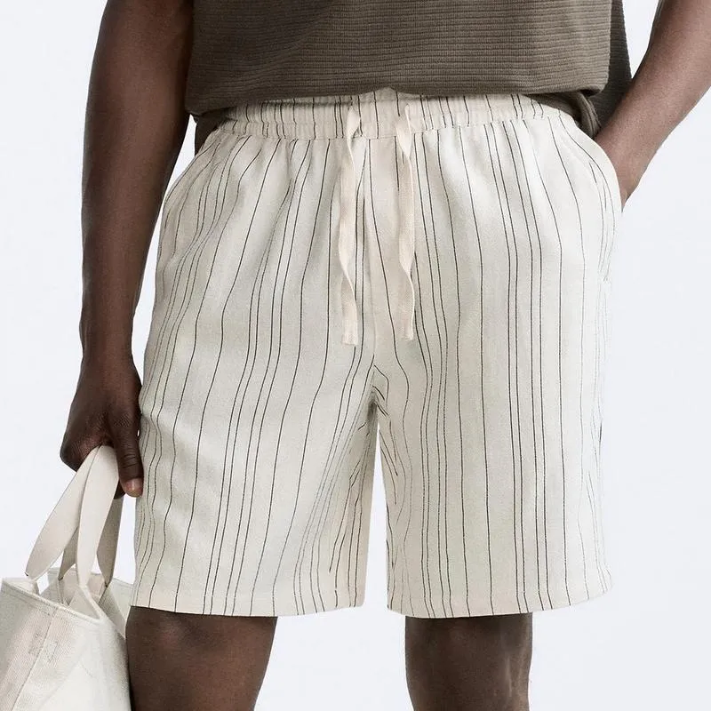 Men's Striped Linen Elastic Waist Straight Casual Shorts 48920371Z sold by Manly product image thumbnail 2