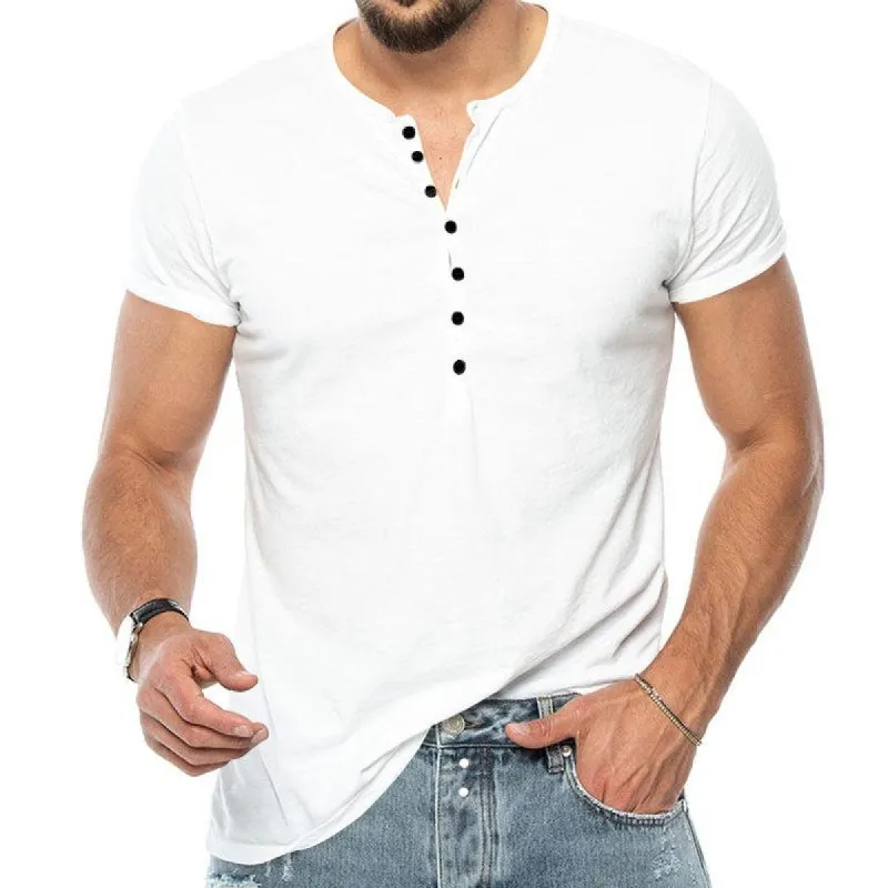 Men's Henley Collar Solid Short Sleeve Casual T-shirt 04003073Z sold by Manly