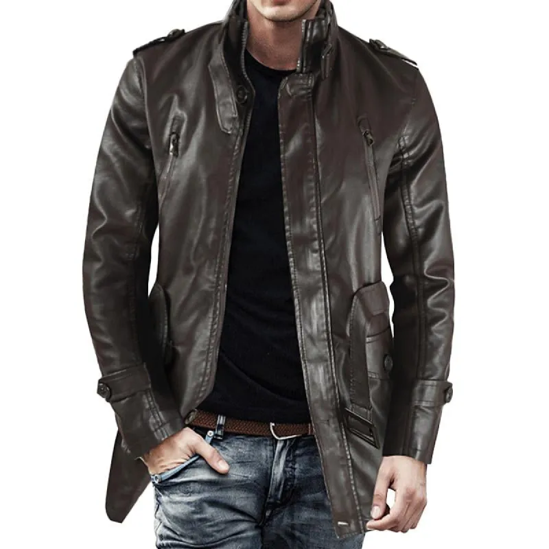 Men's Vintage Stand Collar Thickened Warm Mid-Length Zippered Leather Coat 59546013M sold by Manly