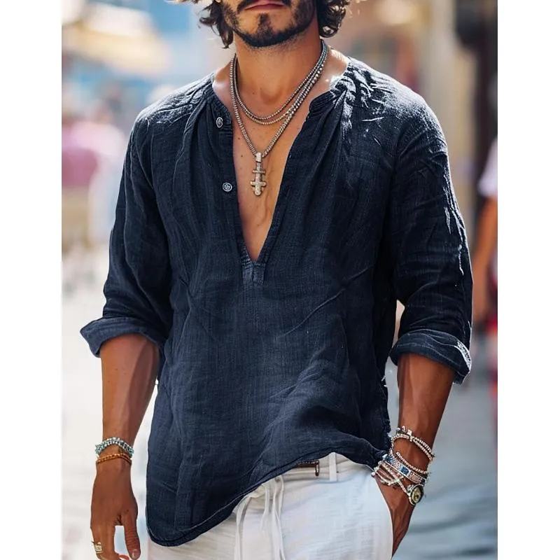 Men's Vintage Button V-Neck Denim Long Sleeve Shirt 08403618Y sold by Manly product image thumbnail 3