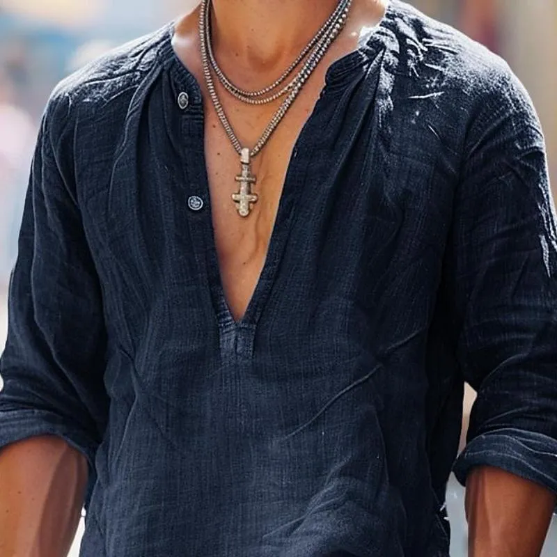 Men's Vintage Button V-Neck Denim Long Sleeve Shirt 08403618Y sold by Manly product image thumbnail 2