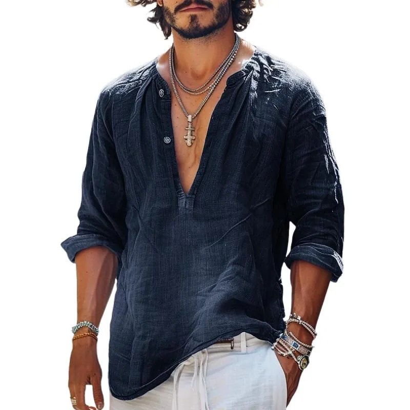 Men's Vintage Button V-Neck Denim Long Sleeve Shirt 08403618Y sold by Manly