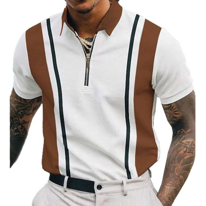 Men's Striped Print Stitching Short-sleeved Lapel Zip POLO Shirt 55227832X sold by Manly product image thumbnail 2