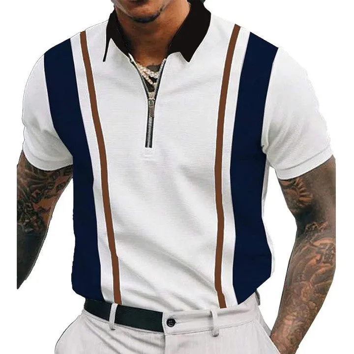 Men's Striped Print Stitching Short-sleeved Lapel Zip POLO Shirt 55227832X sold by Manly product image thumbnail 4