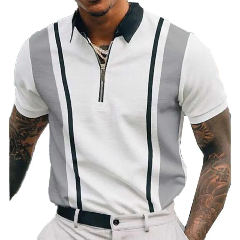 Men's Striped Print Stitching Short-sleeved Lapel Zip POLO Shirt 55227832X sold by Manly