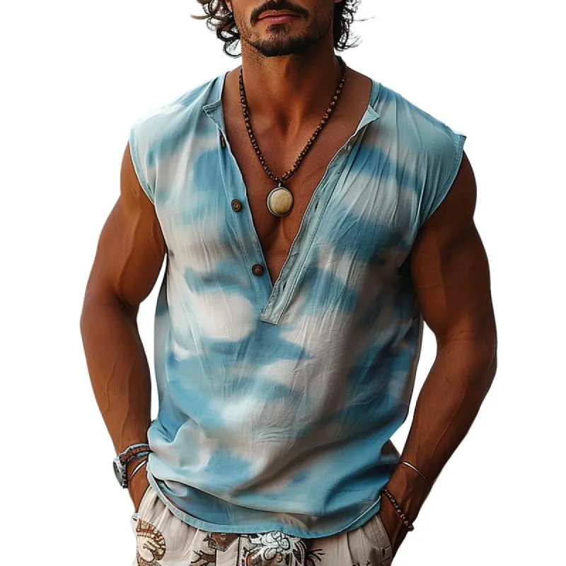Men's Tie-Dye Printed Button V-Neck Sleeveless Tank Top 06139371Y sold by Manly