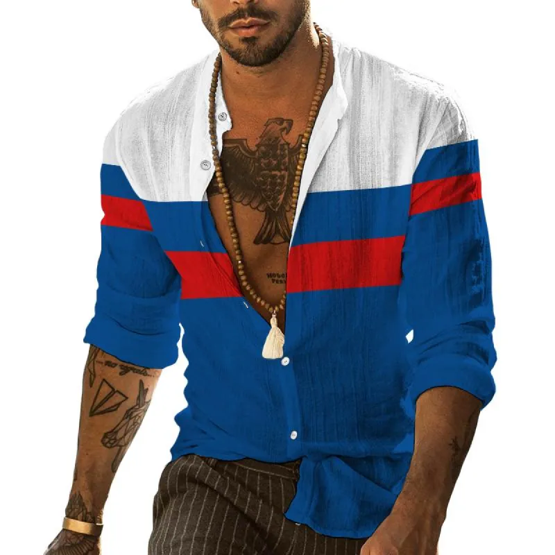 Men's Casual Contrast Color Simple Stand Collar Long Sleeve Shirt 87732055TO sold by Manly