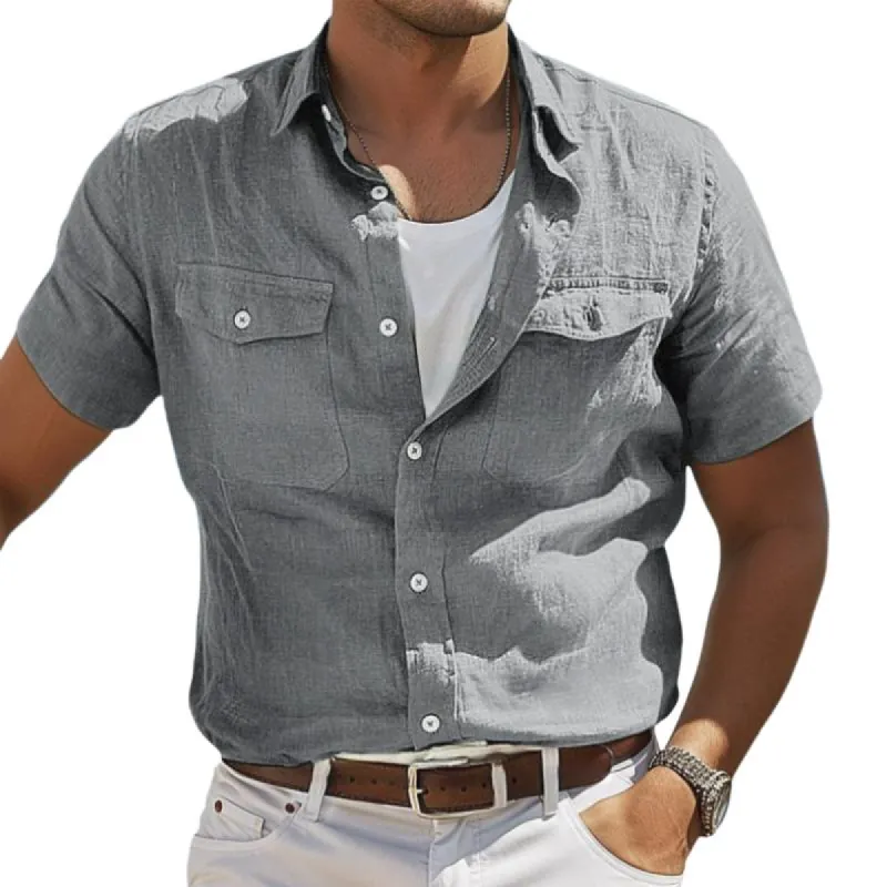 Men's Casual Cotton Linen Solid Color Lapel Flap Pocket Short Sleeve Shirt 29703560M sold by Manly