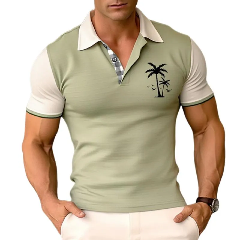 Men's Coconut Tree Print Lapel Short Sleeve Polo Shirt 22991923Z sold by Manly