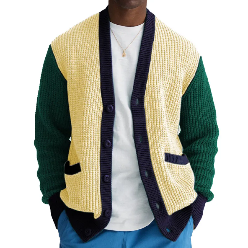 Men's Casual Colorblock Patch Pocket Long Seeve Single Breasted Knitted Cardigan 45627842M sold by Manly