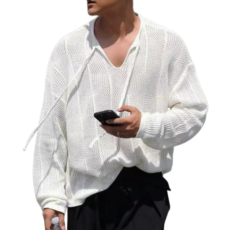 Men's Solid Color Lace-up V Neck Long Sleeve Knit Sweater 41259235Z sold by Manly