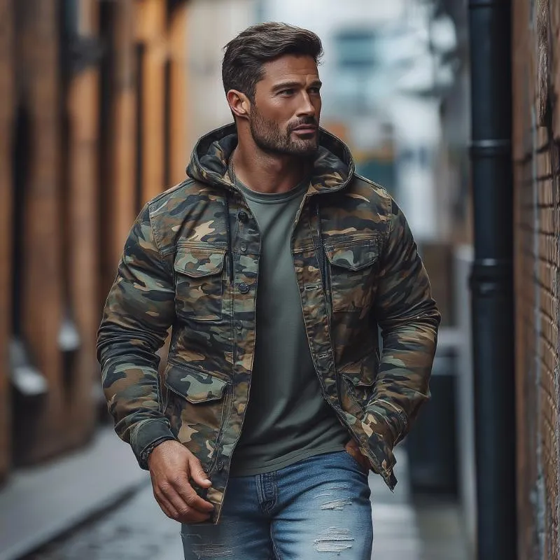 Men's Casual Outdoor Camouflage Hooded Multi-Pocket Single-Breasted Jacket 42185129M sold by Manly product image thumbnail 4