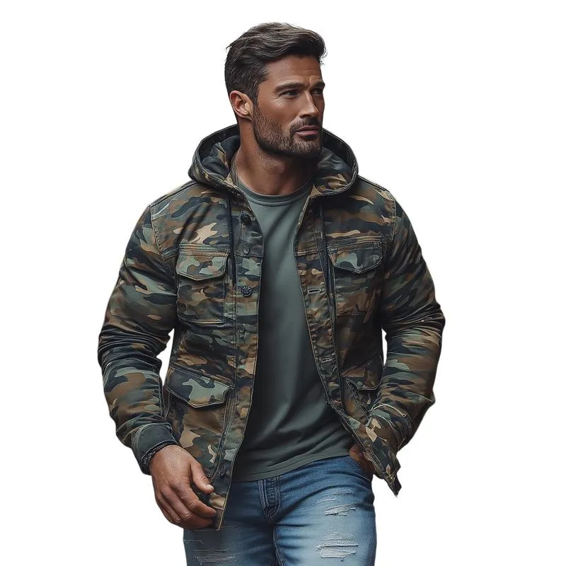 Men's Casual Outdoor Camouflage Hooded Multi-Pocket Single-Breasted Jacket 42185129M sold by Manly product image thumbnail 3