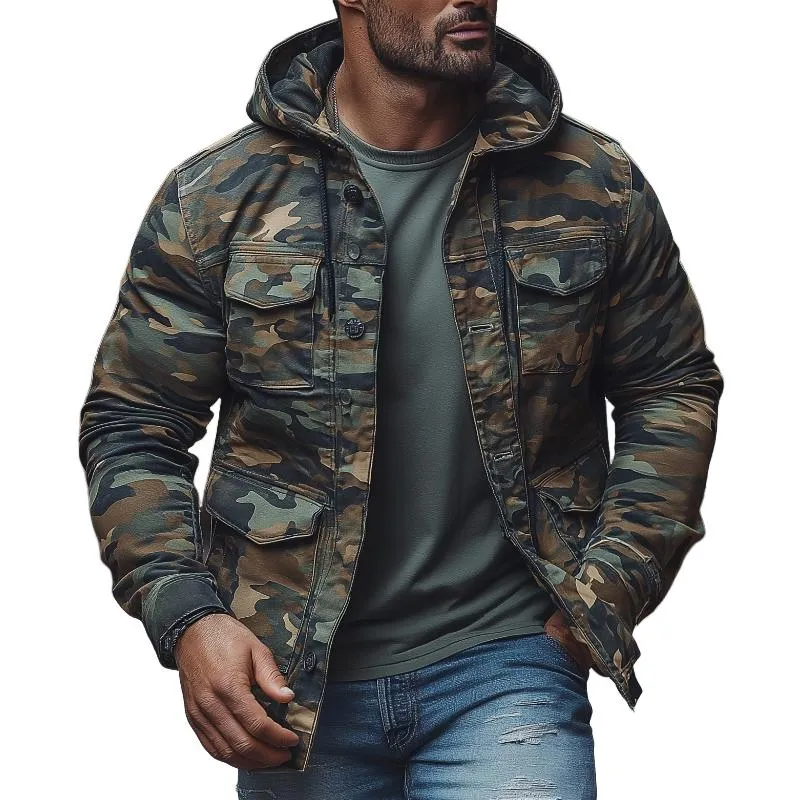 Men's Casual Outdoor Camouflage Hooded Multi-Pocket Single-Breasted Jacket 42185129M sold by Manly