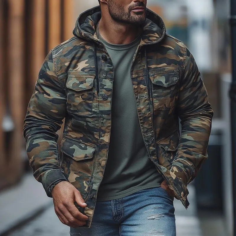 Men's Casual Outdoor Camouflage Hooded Multi-Pocket Single-Breasted Jacket 42185129M sold by Manly product image thumbnail 2