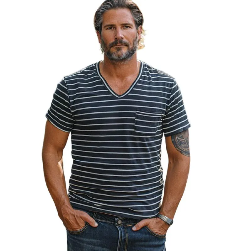 Men's Casual Striped V-neck Short-sleeved T-shirt 02129365X sold by Manly