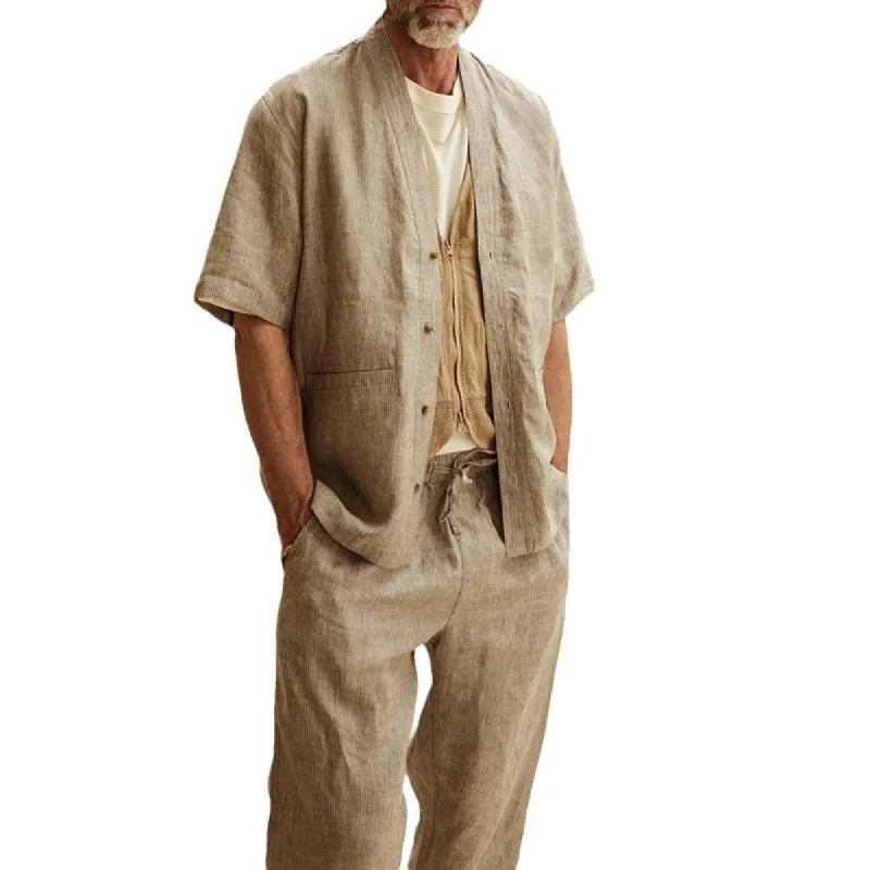 Men's Solid Loose V Neck Short Sleeve Shirt Trousers Set 55912441Z sold by Manly