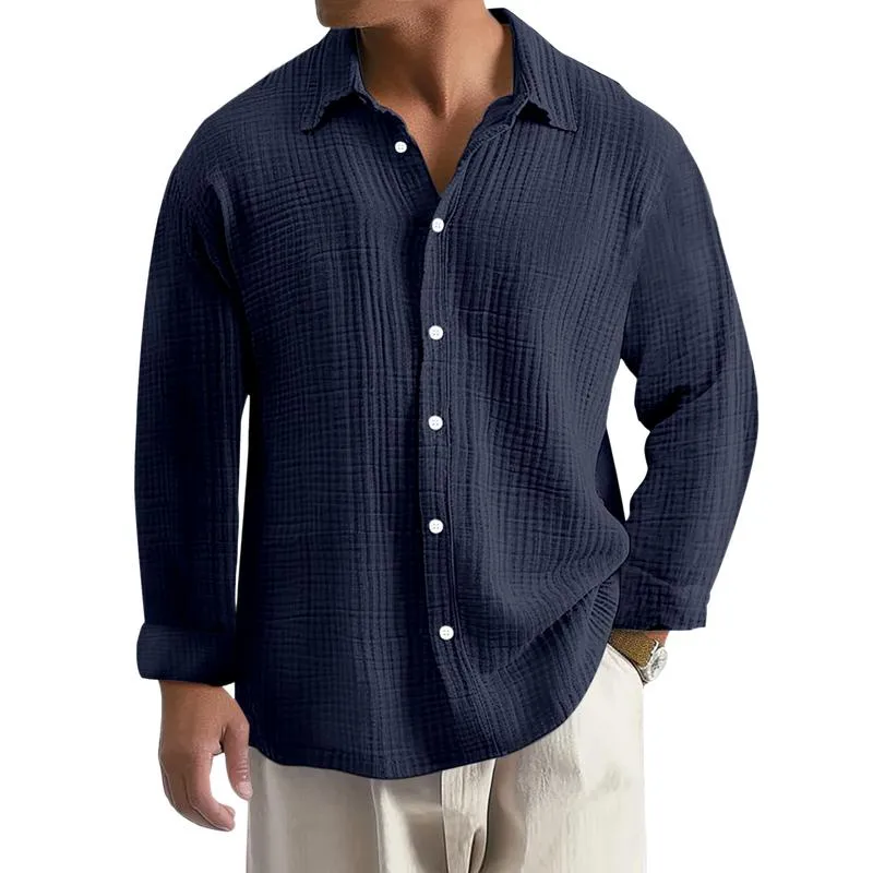 Men's Casual Cotton Linen Pleated Lapel Loose Long-sleeved Shirt 09727219M sold by Manly