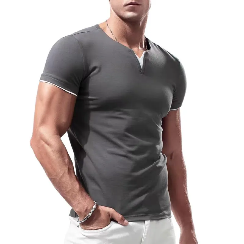Men's Fake Two-piece V Neck Short Sleeve T-shirt 78259112Z sold by Manly