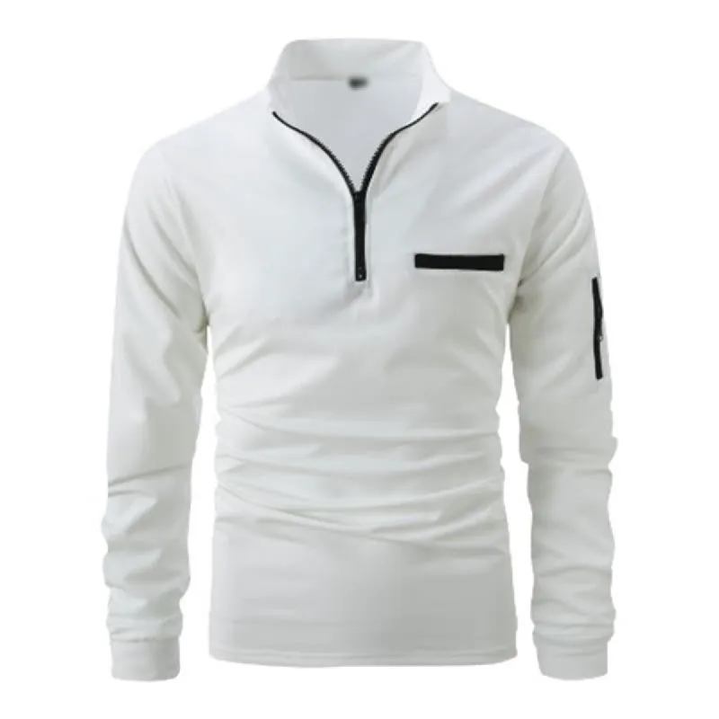 Men's Casual Solid Color Zipper Pocket Long Sleeve Pullover Polo Shirt 04134924M sold by Manly