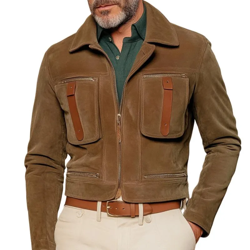 Men's Fashion Suede Lapel Chest Pocket Zip Decor Cargo Jacket 12081567Z sold by Manly