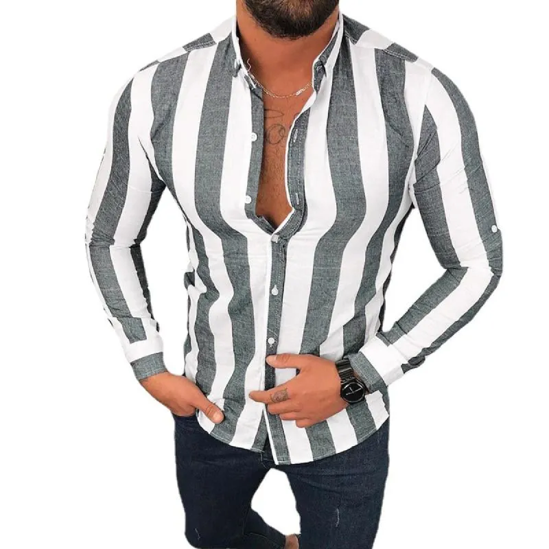 Men's Casual Striped Printed Collar Long Sleeved Shirt 32628902Y sold by Manly