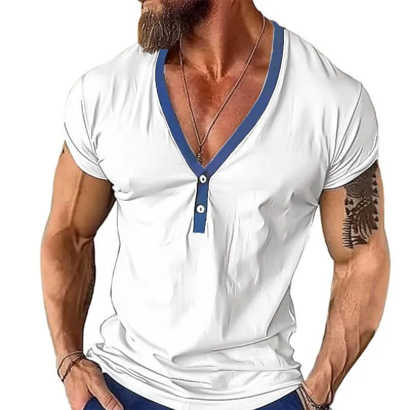 Men's Casual Contrast V-Neck Short-Sleeved T-Shirt 30933175M sold by Manly