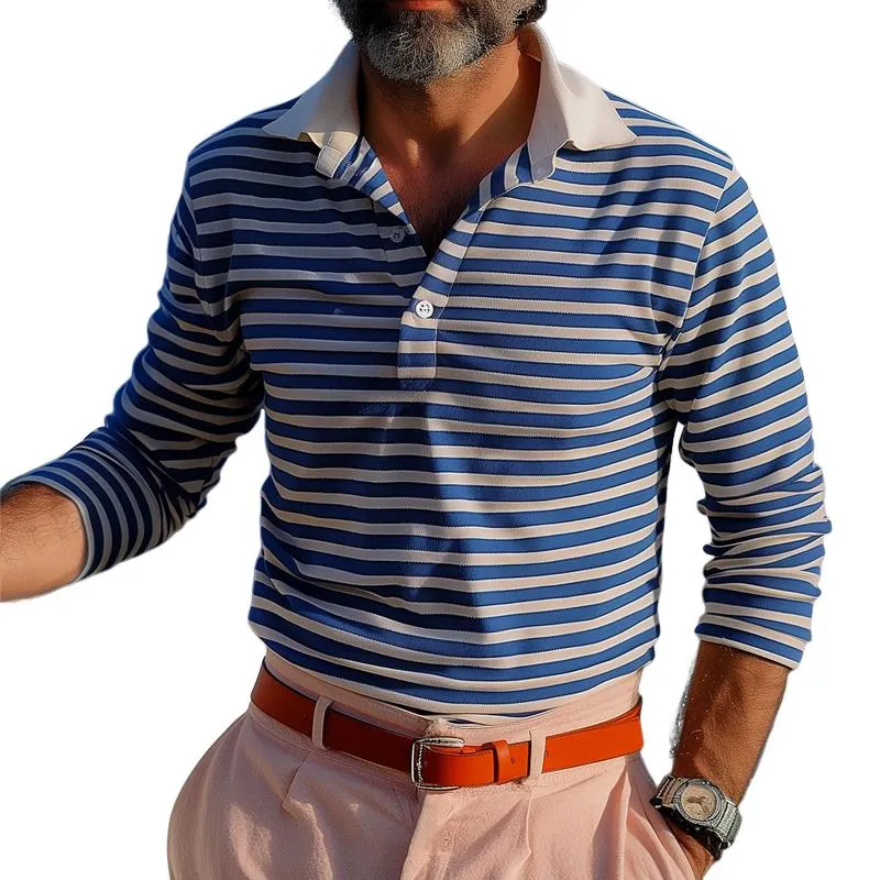 Men's Striped Lapel Long Sleeve Polo Shirt 82308241Z sold by Manly