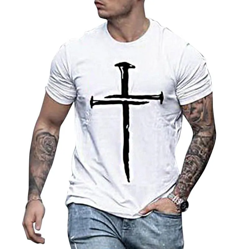 Men's Casual Cross Printed Round Neck Short Sleeve T-Shirt 93660125Y sold by Manly