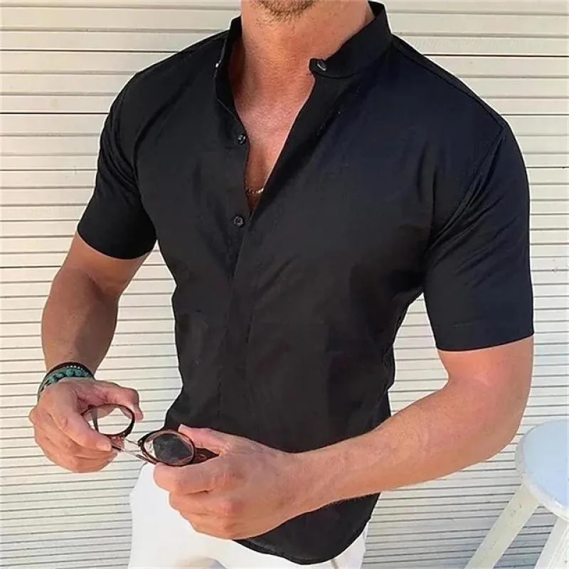 Men's Casual Solid Color Stand Collar Breathable Short Sleeve Shirt 07911824M sold by Manly product image thumbnail 3