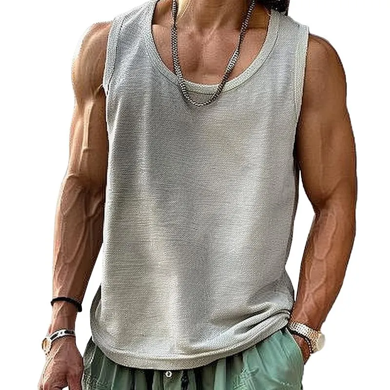 Men's Casual Cotton Linen Blended Round Neck Tank Top 88337634M sold by Manly