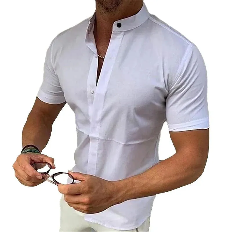 Men's Casual Solid Color Stand Collar Breathable Short Sleeve Shirt 07911824M sold by Manly