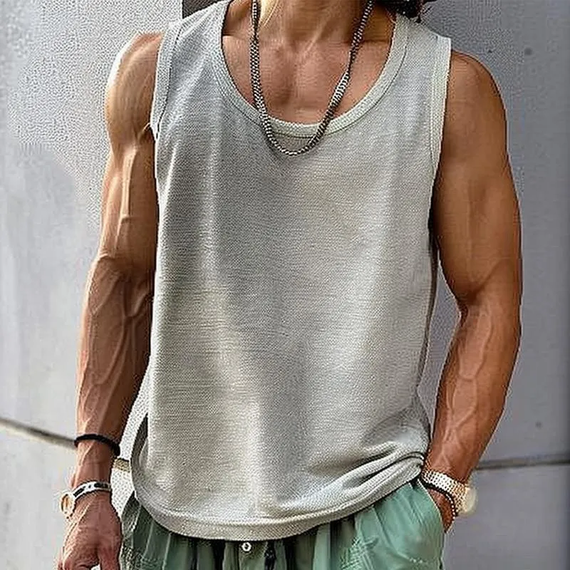 Men's Casual Cotton Linen Blended Round Neck Tank Top 88337634M sold by Manly product image thumbnail 2