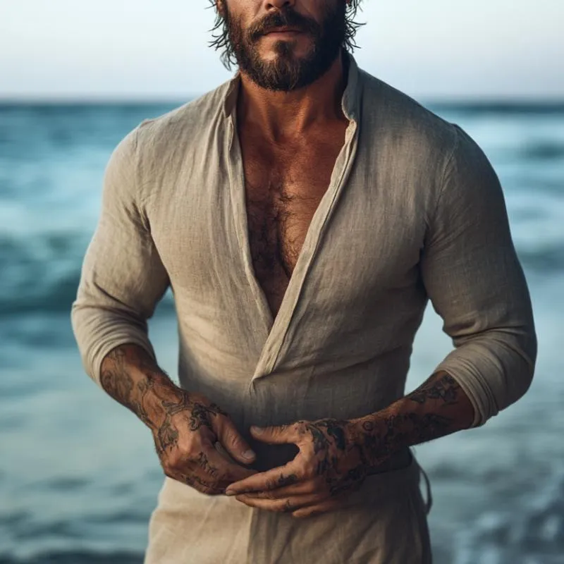 Men's Retro Casual Cotton and Linen Stand Collar Long Sleeve Shirt 85043357TO sold by Manly product image thumbnail 2